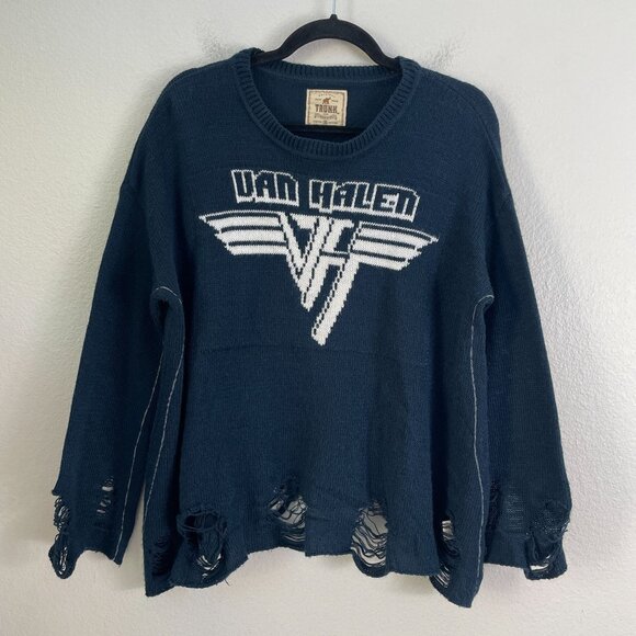 TRUNK Ltd. Womens XS Navy Blue Distressed Van Halen Sweater Long Sleeve Knit Top - Picture 9 of 12